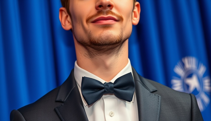 Formal man at prestigious event with blue award backdrop.
