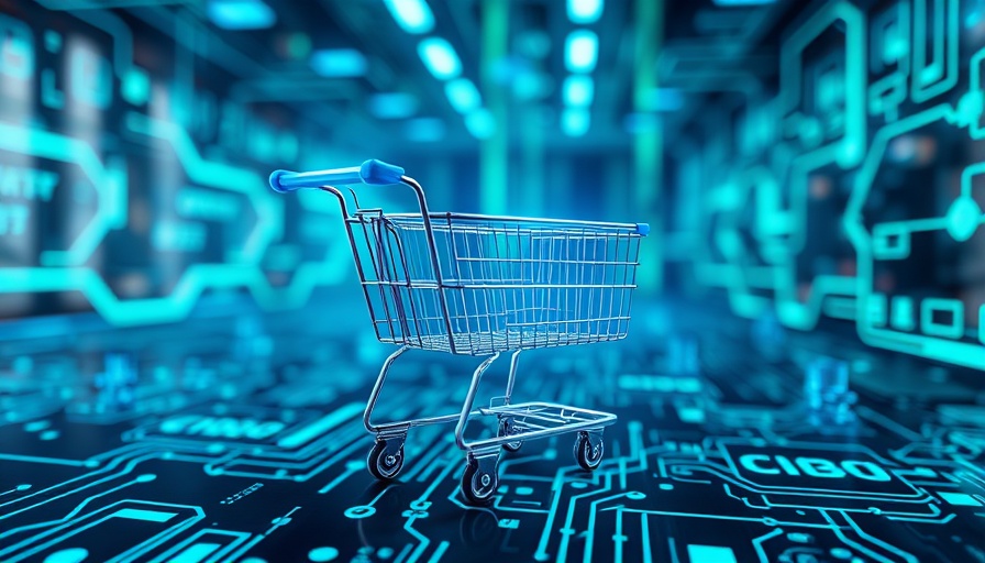 Futuristic shopping cart with data backdrop for ecommerce businesses leveraging web data.