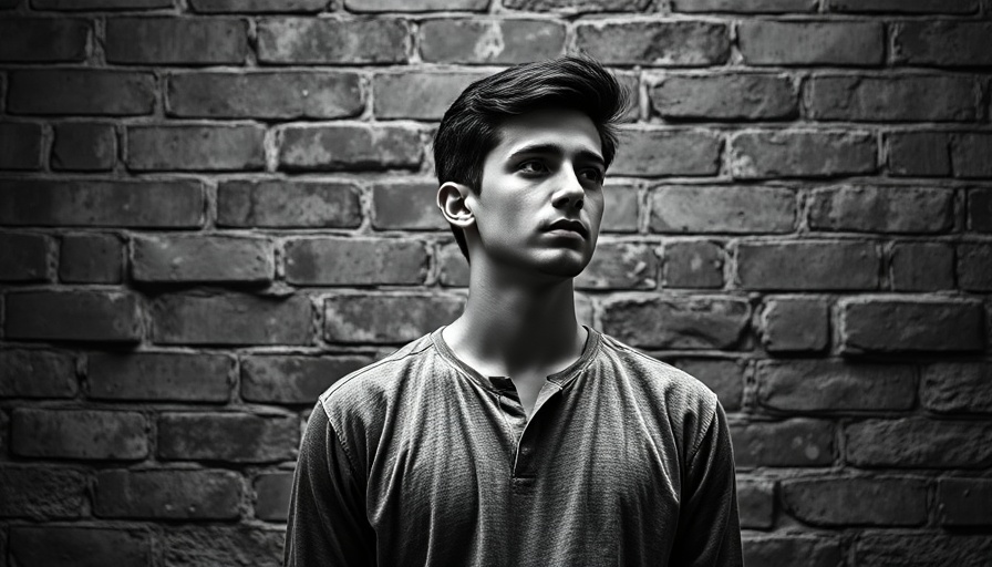 Thoughtful man in black and white against a brick wall.