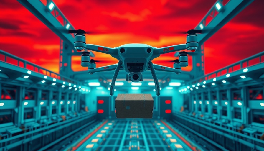 Futuristic drone delivery network with vivid red sky and delivery action.