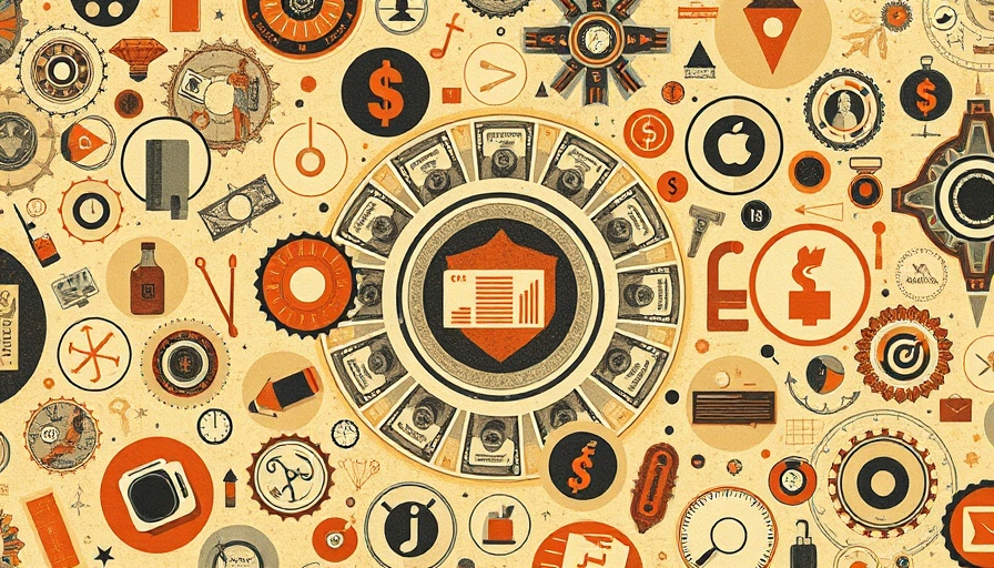 Retro collage of economic themes with circular patterns.