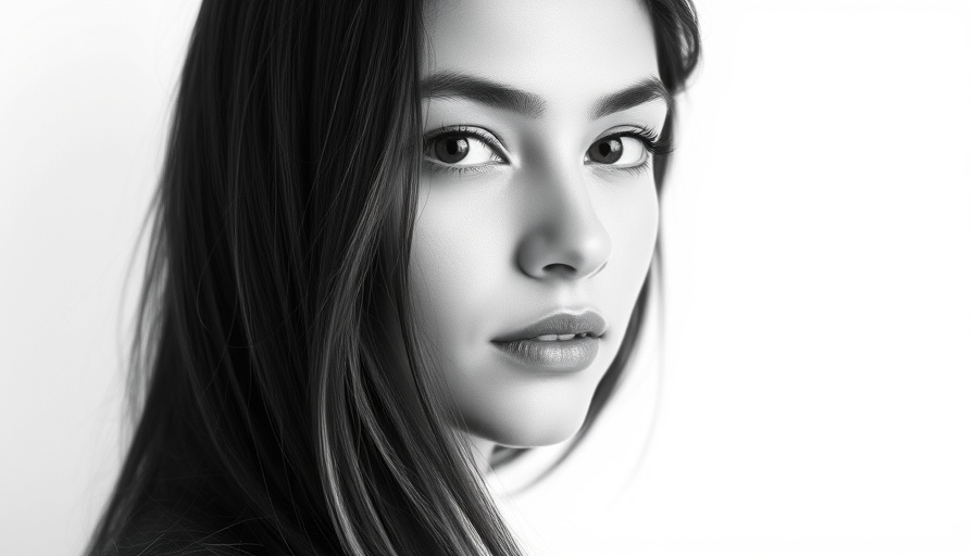 Monochrome portrait of a young woman with long hair and neutral expression.