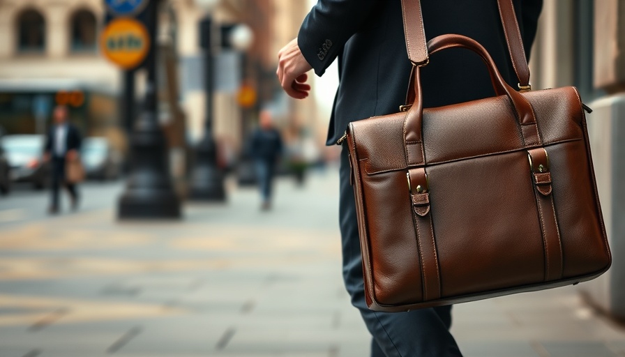 Professional walking with vintage leather briefcase, business setting.