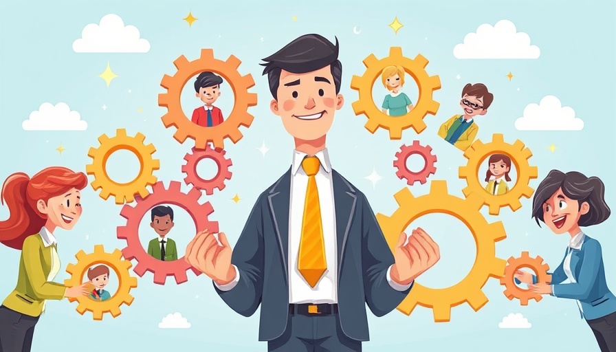 Illustration of effective delegation in business with gears and team.