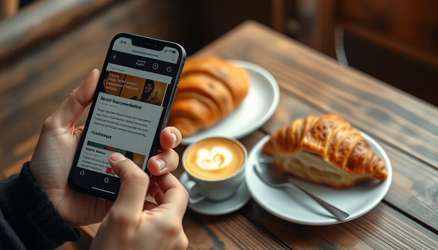 Smartphone showing book recommendations for continuous learning, with coffee and croissant.