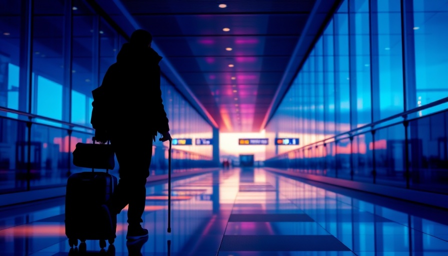Traveler in vibrant airport, carrying suitcase, abstract reflections.