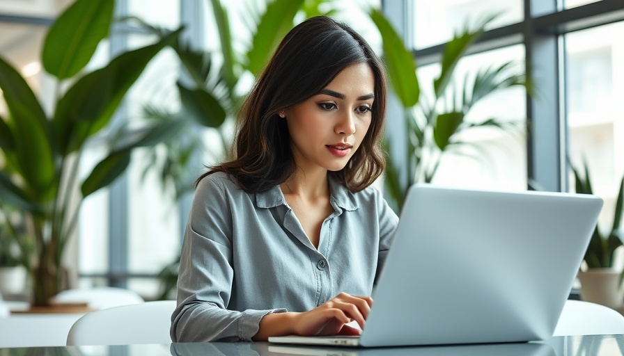 Professional woman working in a modern office, illustrating great domain name search for your business.