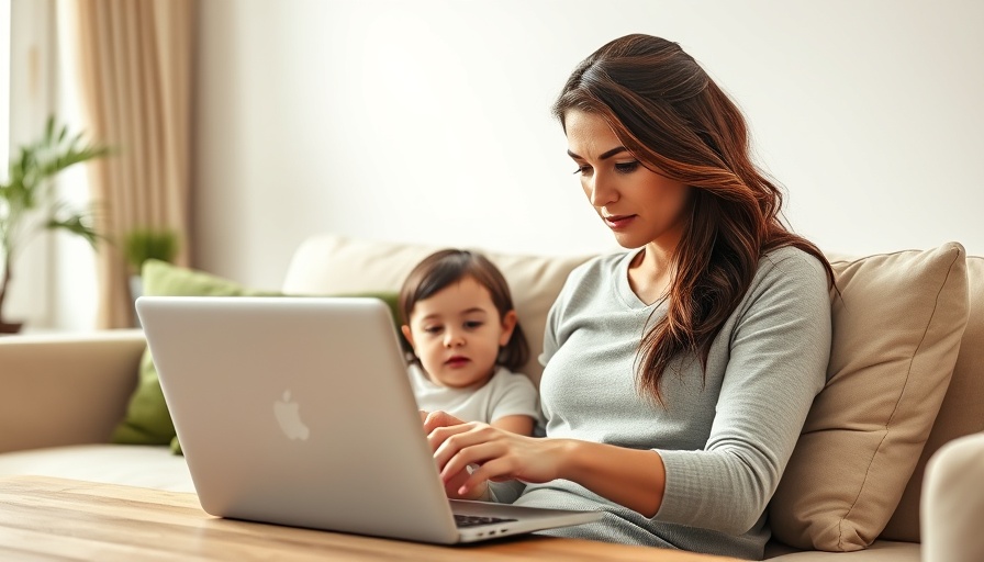 Focused mompreneur multitasking at home with child nearby.