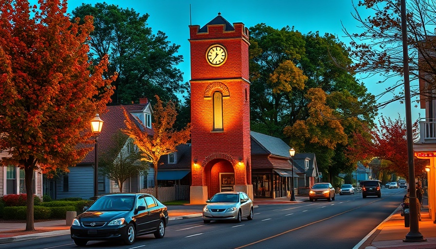 Charming small town street with brick tower and cars, affordable housing states.