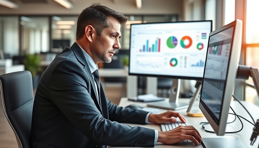 Businessman uses computer for spreadsheets and charts, showcasing Microsoft Office 2024.