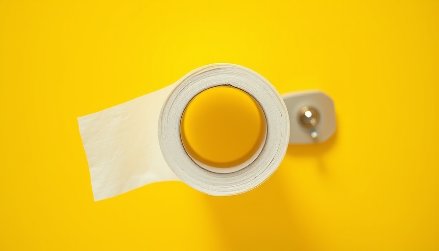 Empty toilet paper roll on yellow background depicting shortage.
