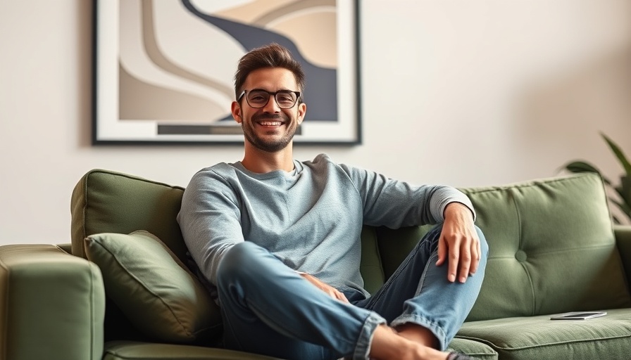 Man seated on green sofa, relaxed, Airbnb new services.