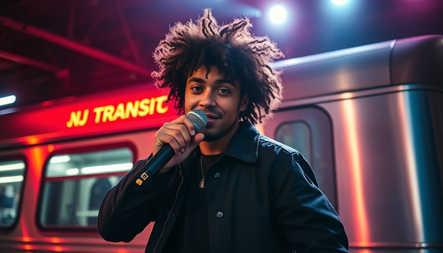 Performer in red with microphone in front of NJ Transit train