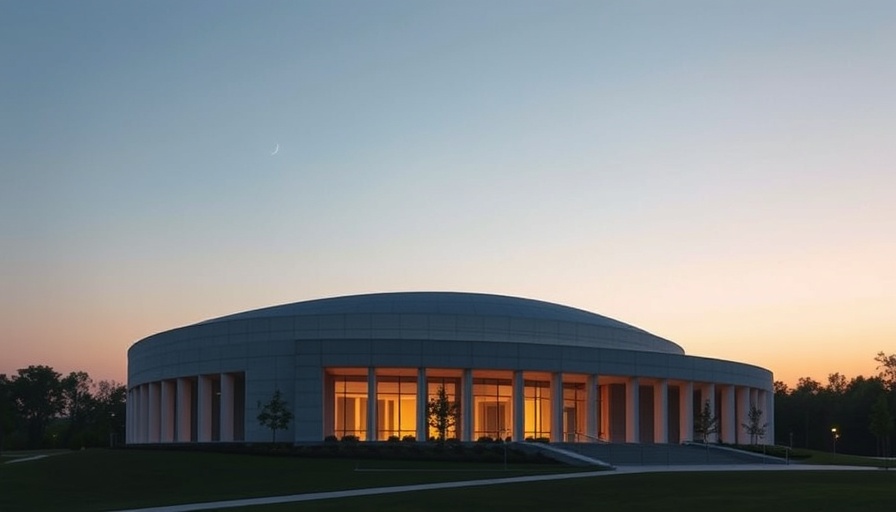 Theodore Roosevelt Presidential Library at dusk with crescent moon.