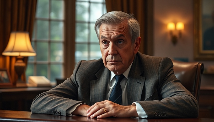 Older man sitting solemnly at desk in office, appearing concerned.