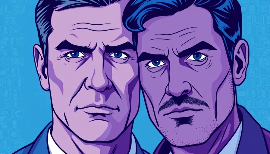 Stylized image of two men against abstract healthcare background, California healthcare cuts.
