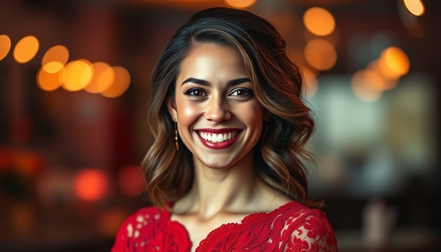 Smiling woman in red gown at event.