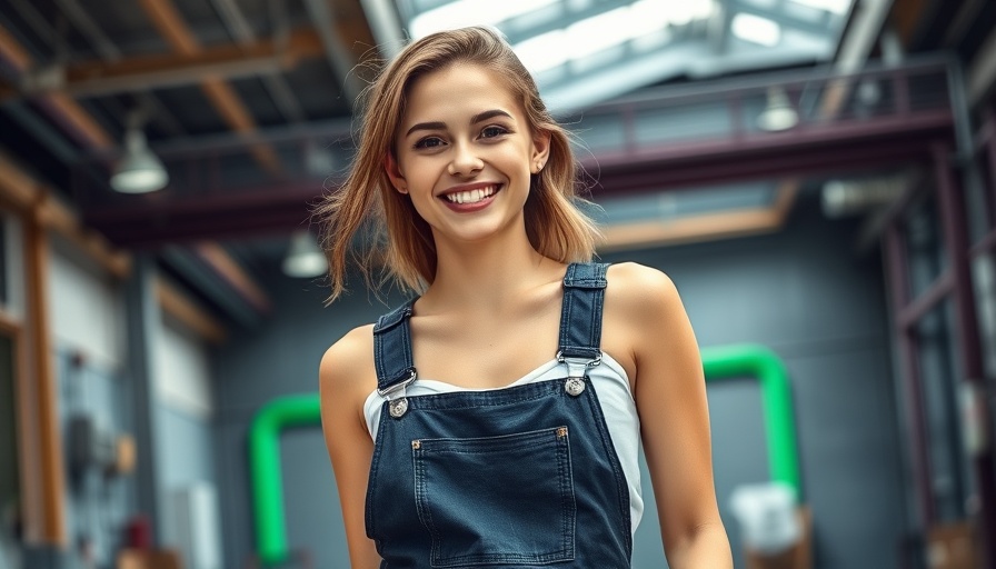 Smiling young woman in stylish overalls, AI fashion advice.