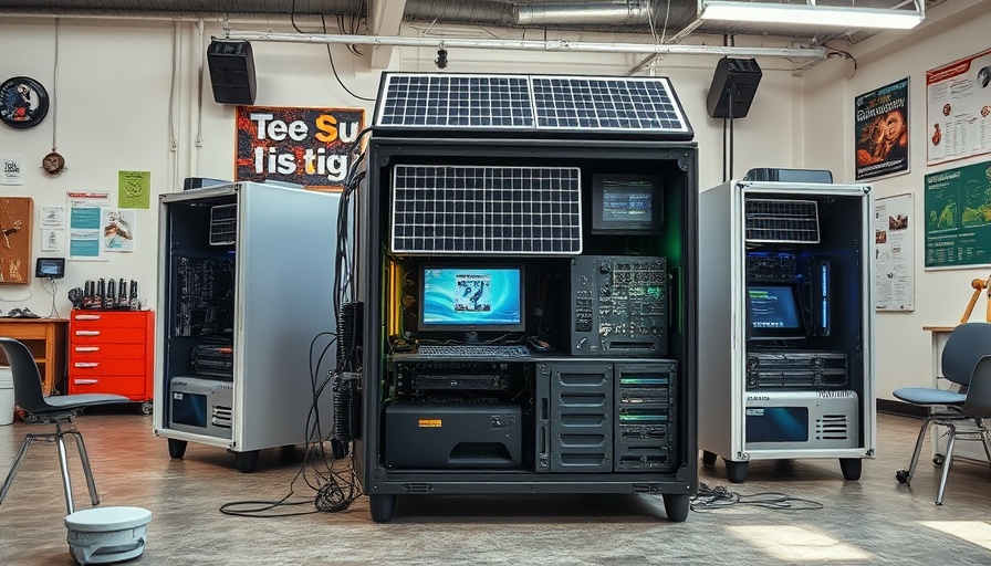 Innovative tech setup in workshop with solar panels.
