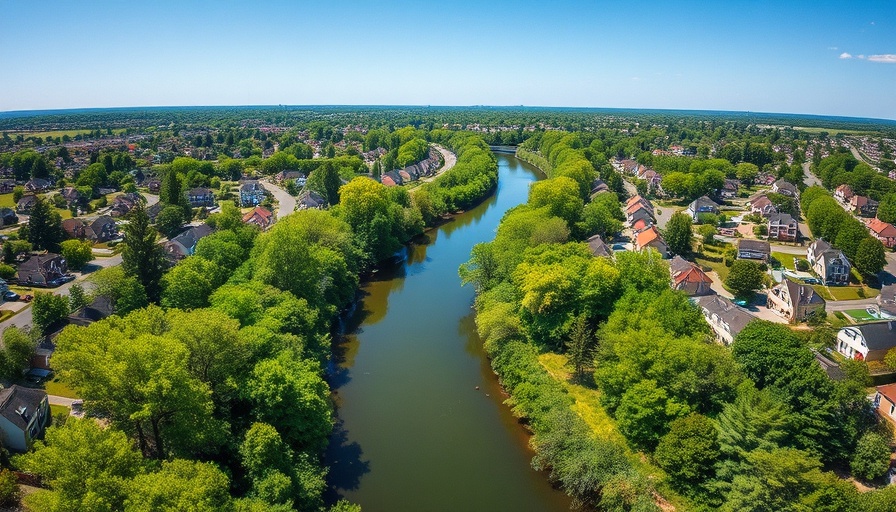 Aerial view of suburb near Mildred Ave K-8 with river and greenery.