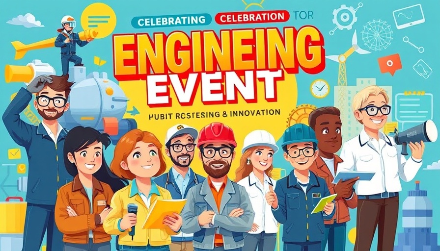 Engineering for Everyone Expo poster, colorful design with engineers.