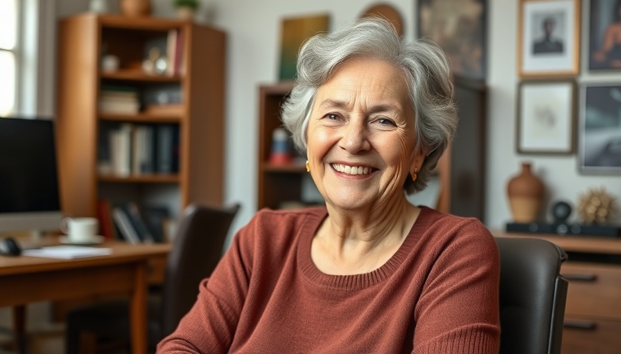 Portrait of a smiling older woman in a home office setting.