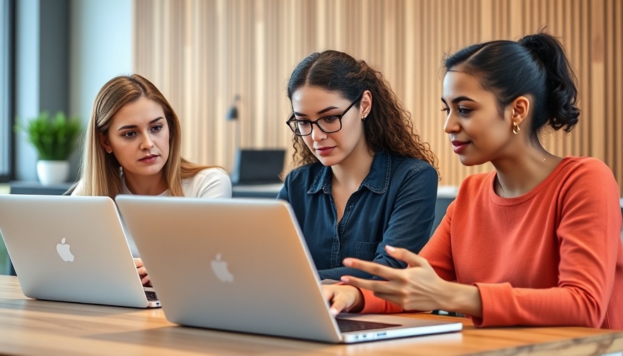 Women discussing AI in education with laptops in modern office.