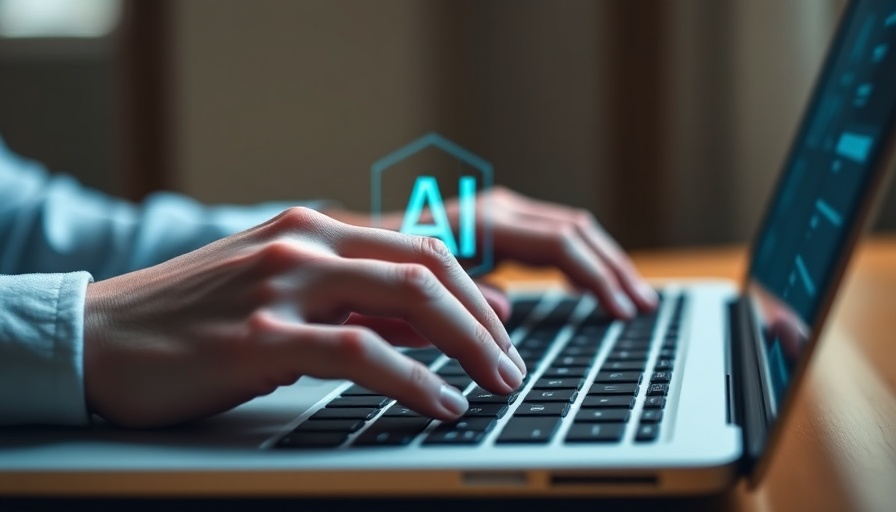 AI Grading Impact: Hands typing on laptop with AI overlay.