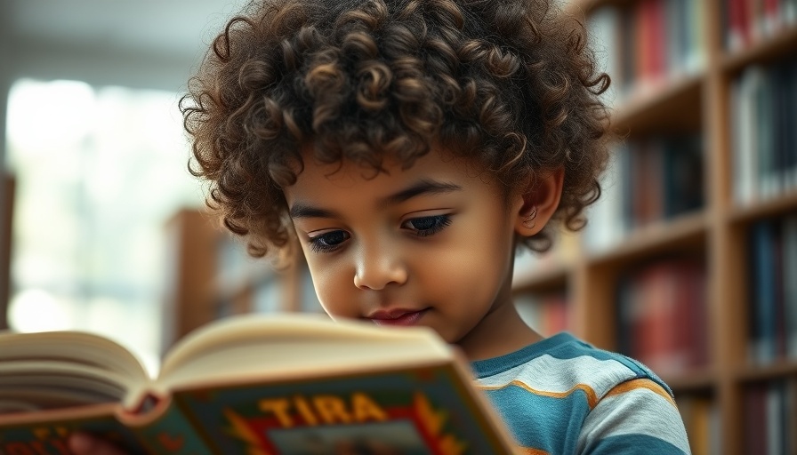 Young child reading in a library, focused and engaged.