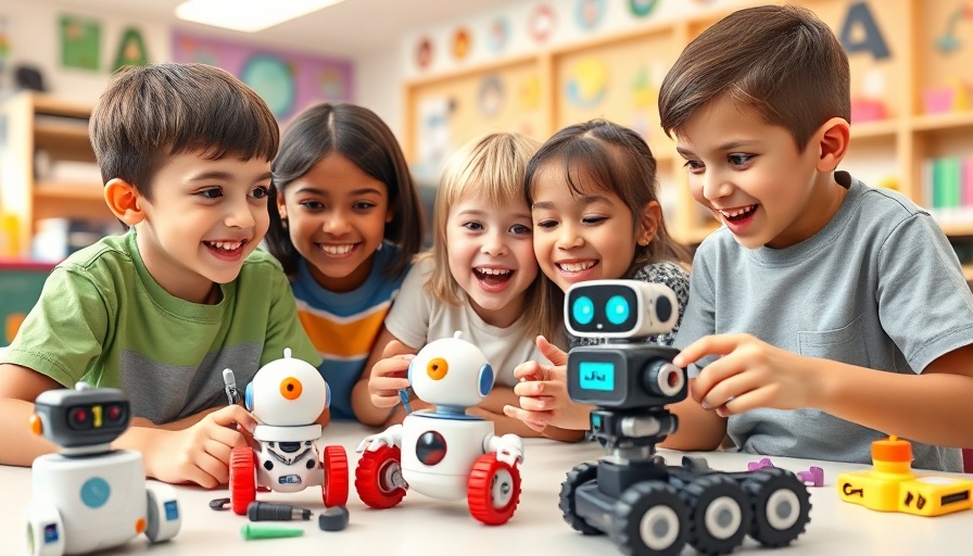 Kids learning screen-free robot coding in a colorful classroom.