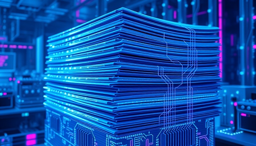 AI-powered OCR digital document stack with circuits, futuristic glow.