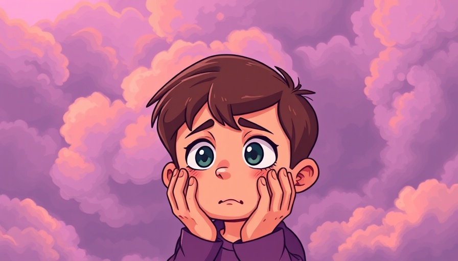 Abstract illustration of a worried person surrounded by clouds.