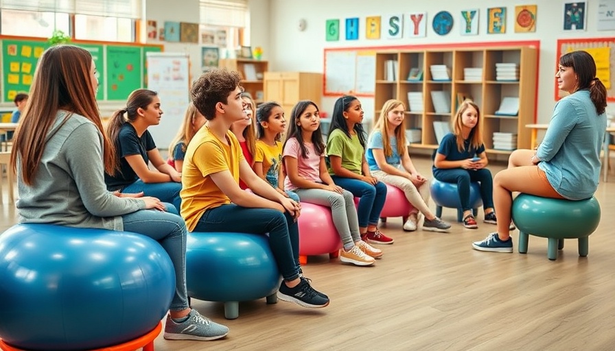 Students using flexible seating in a bright modern classroom.