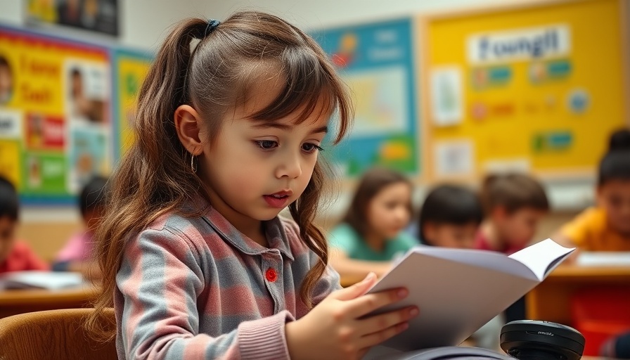 Young girl learning to read with teacher, vibrant classroom setting.