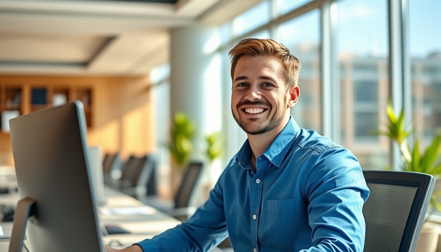 Cheerful man in modern office, smiling brightly.