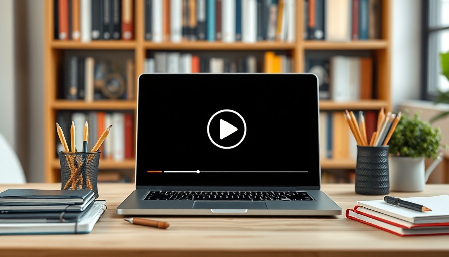 AI Tool Generates Video Explanations: laptop with video icon in workspace.