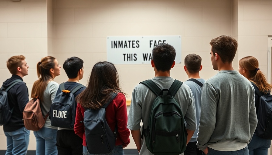 Young adults in educational facility with inmate sign on wall.