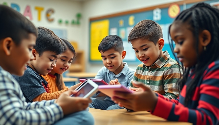 Students using tablets for virtual field trips in a colorful classroom.