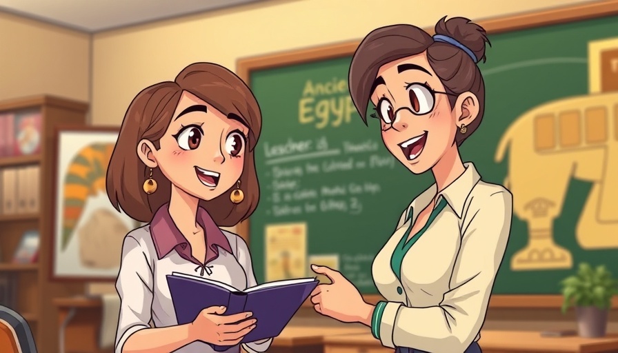 Cartoon teacher using ChatGPT image generator in teaching about Ancient Egypt.