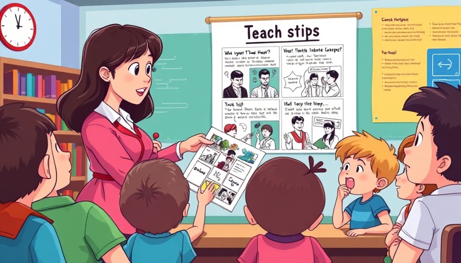 Educational poster with teacher demonstrating comic strips to children.