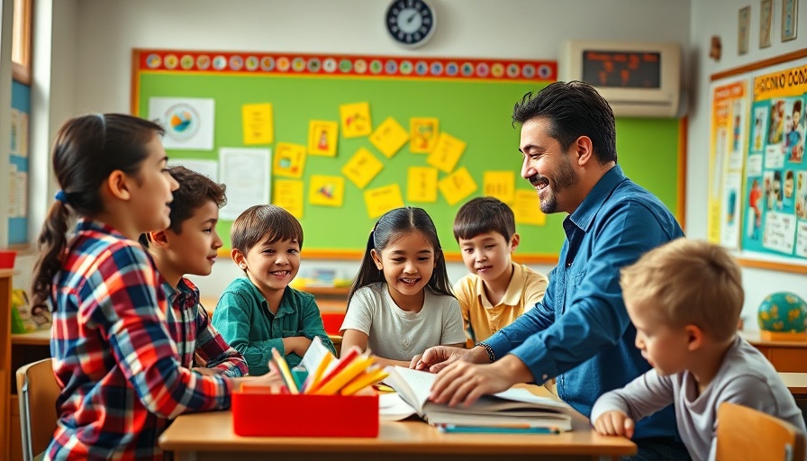Teacher engaging students in dynamic classroom; improving elementary science education.