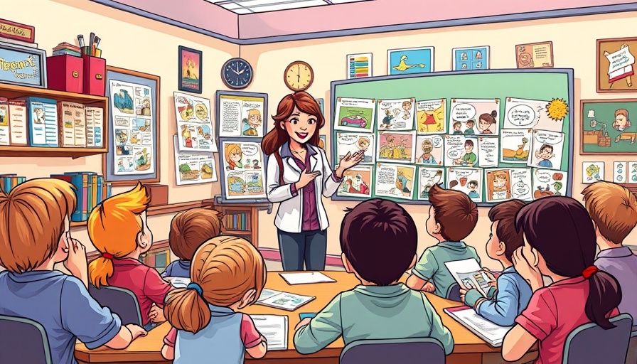 Teacher explaining comic strips to children in a classroom.