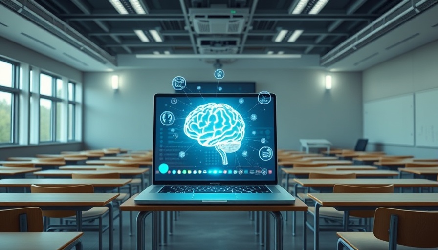 Futuristic classroom with AI tools on a laptop in an educational setting.