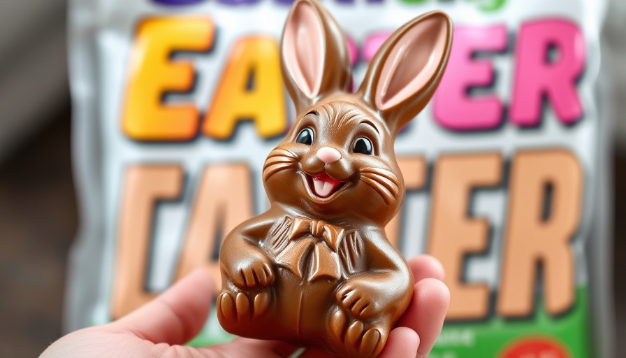 Cheerful chocolate Easter bunny as vegan Easter treat in bright packaging.