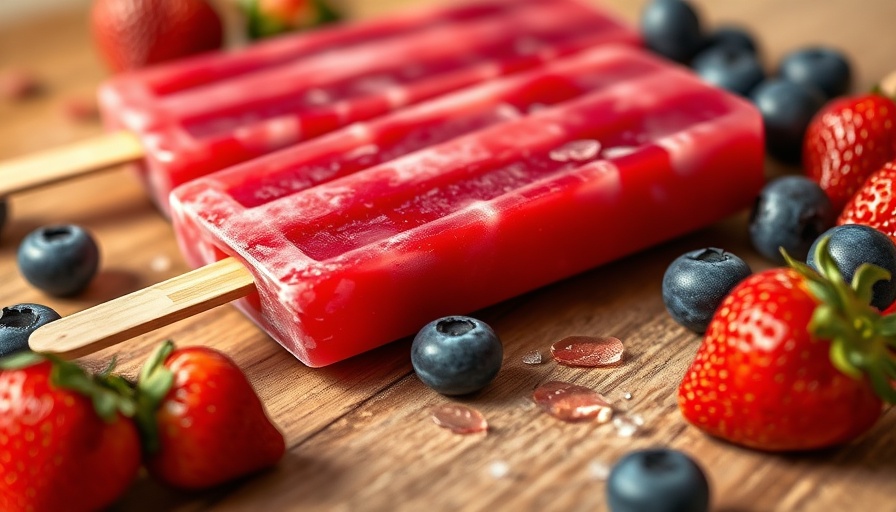 Vibrant red berry dairy-free popsicles on wooden table.