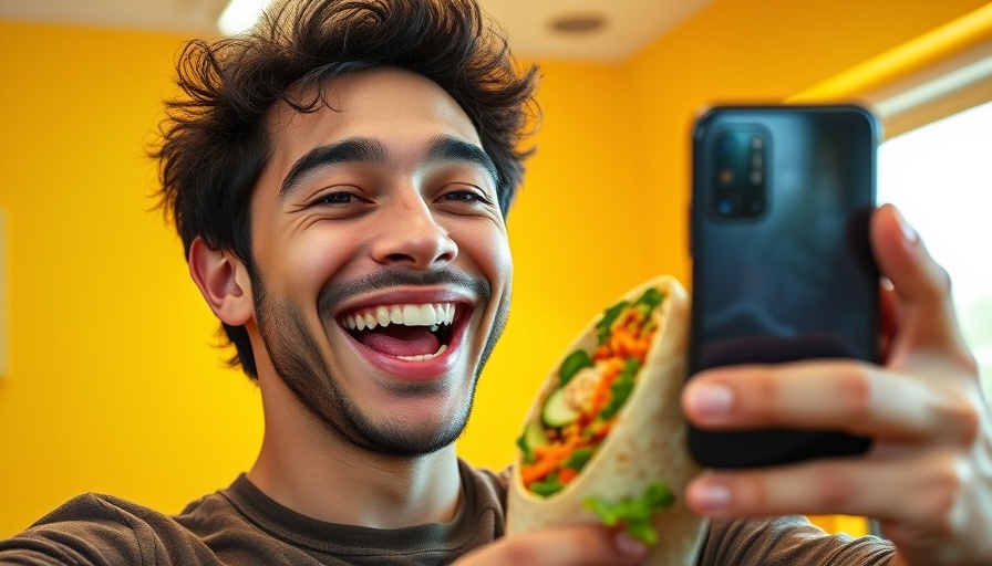 Smiling man with vegan wrap taking selfie, vibrant setting.
