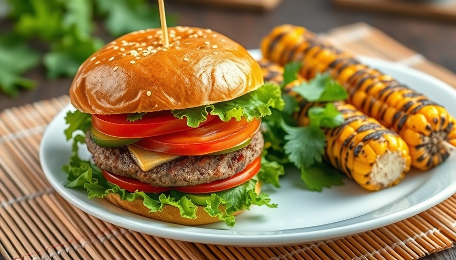 Big vegan barbecue burger with corn on a plate.