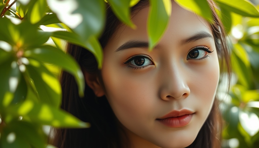 Young woman surrounded by lush greenery, natural light.