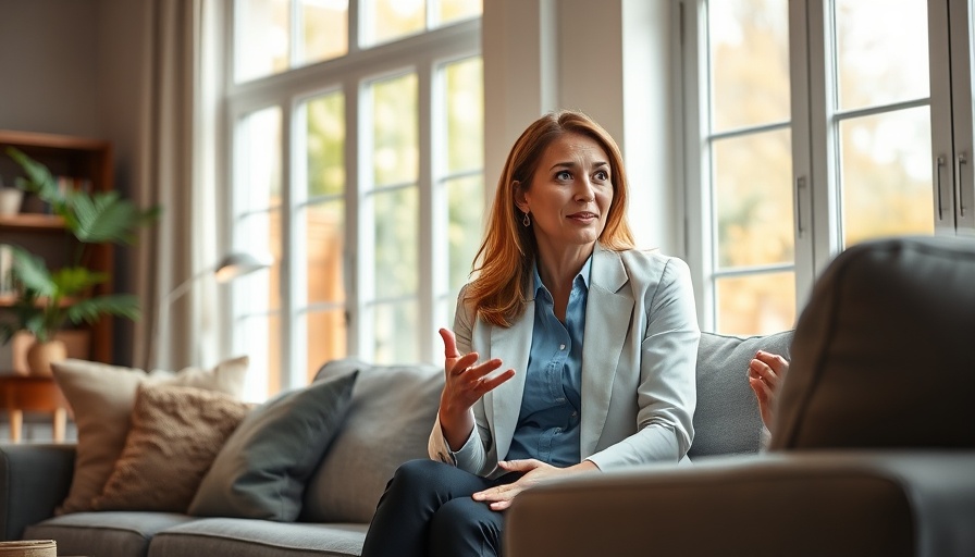 Woman discussing health and veganism in living room.