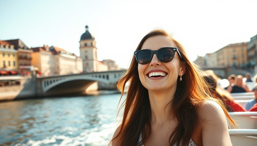 Woman enjoying European cruise with scenic riverside and bridge.